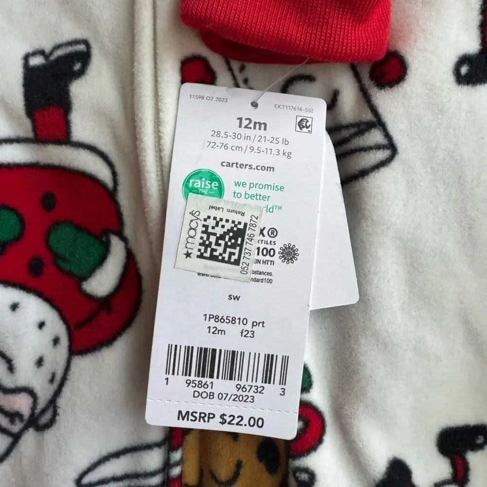 NWT Carter's Toddler Baby Santa Milk and Cookies Fleece Pajama Sleeper Size 12M